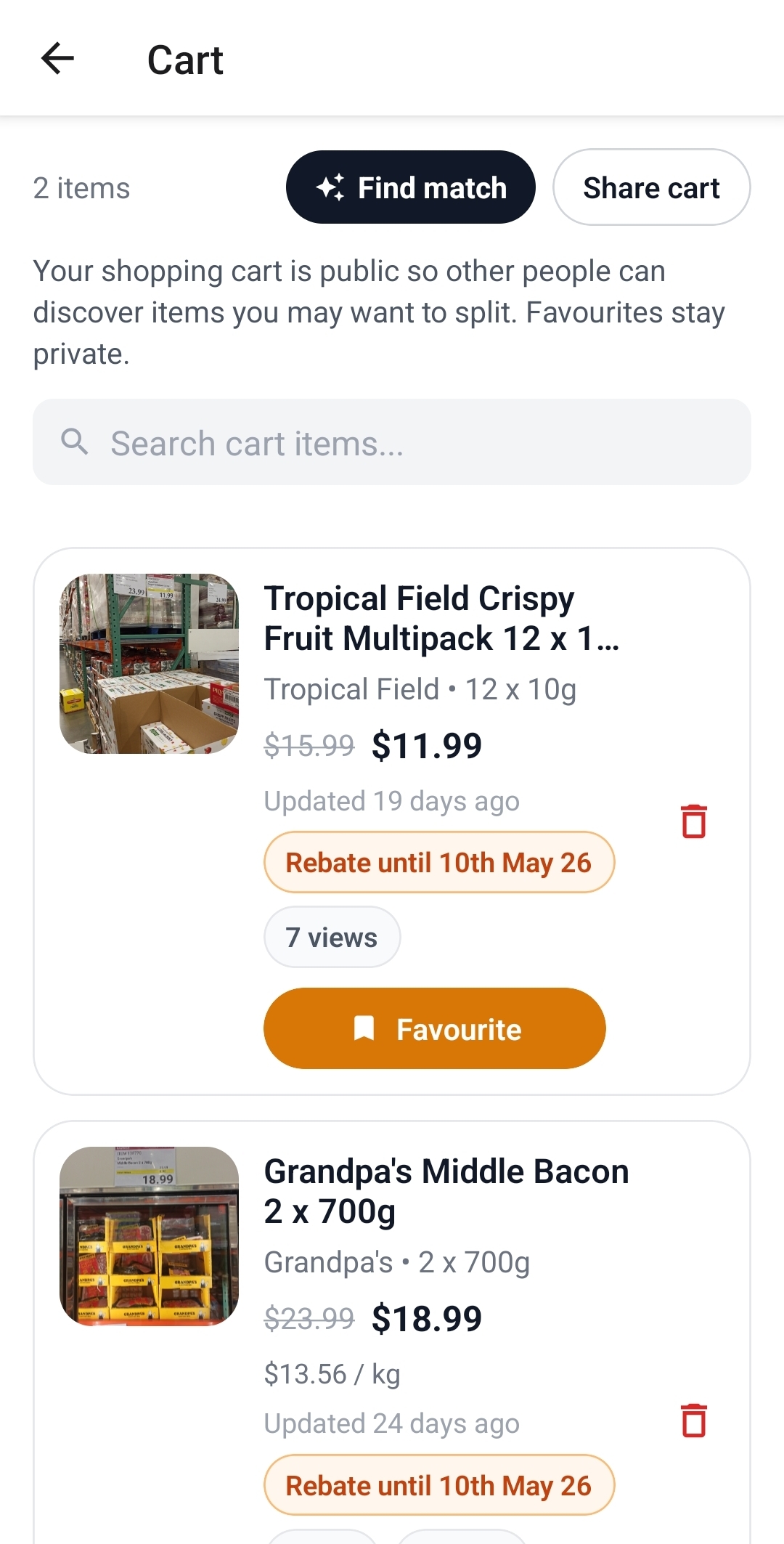 eolma mobile cart screen showing saved items for split planning
