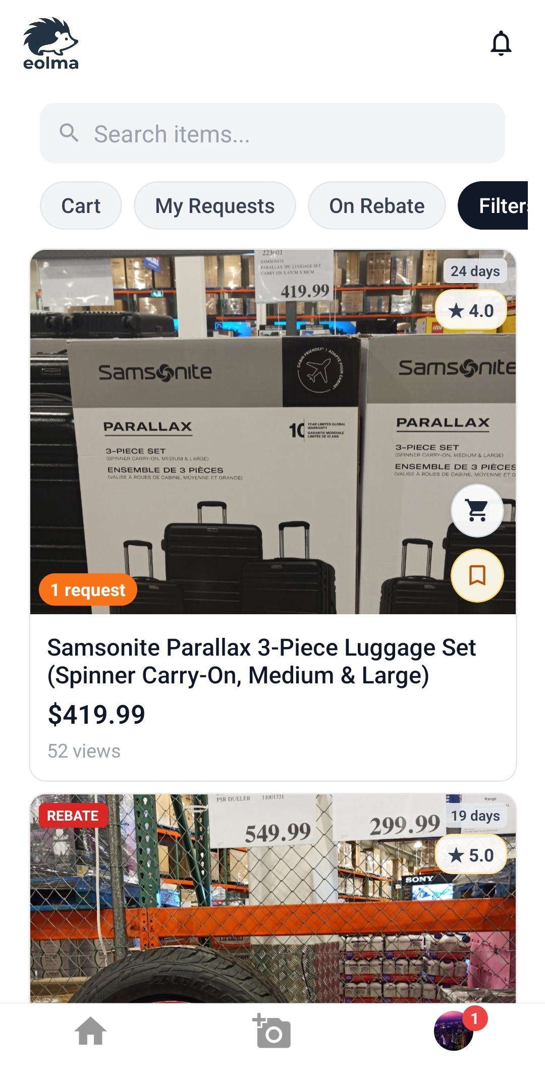 eolma mobile catalog showing live item cards and split activity