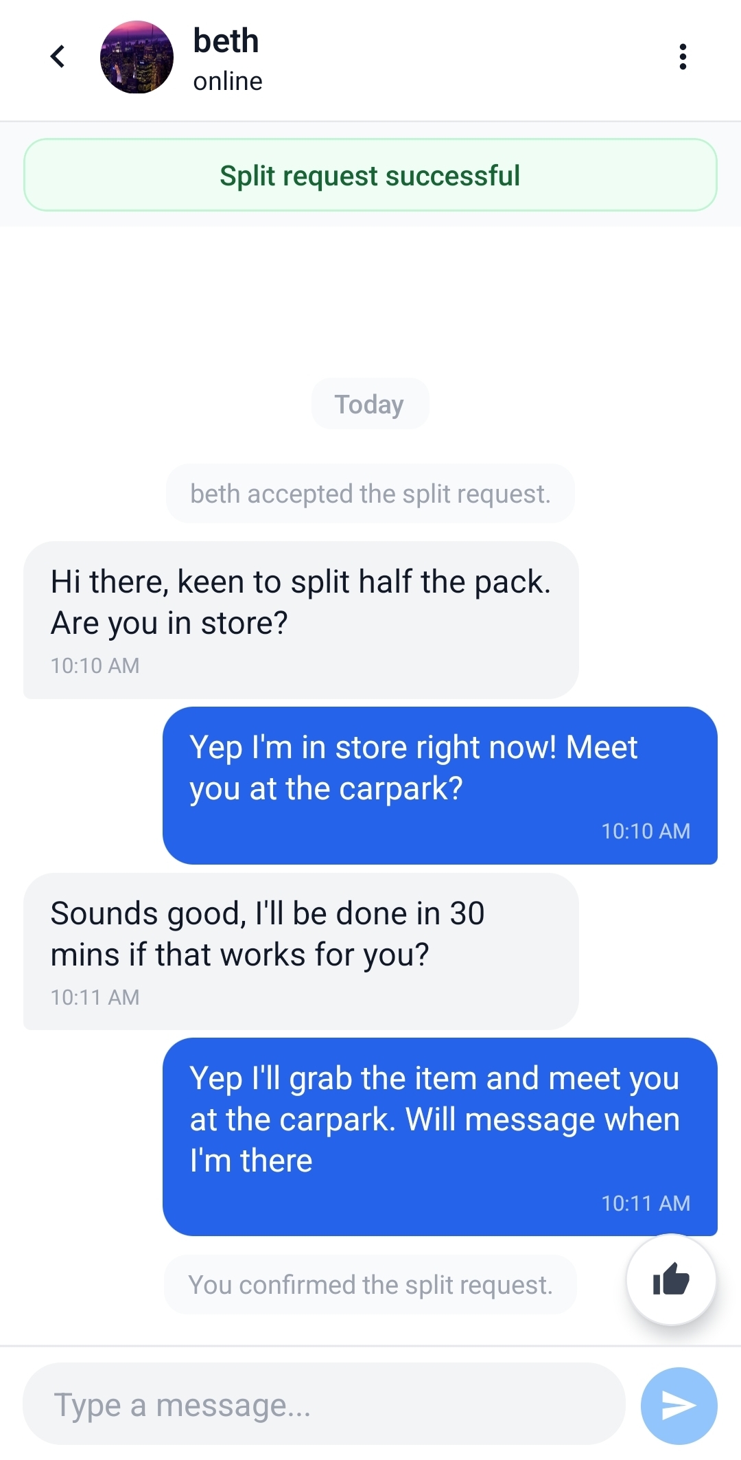 eolma mobile chat thread showing participants coordinating timing and pickup