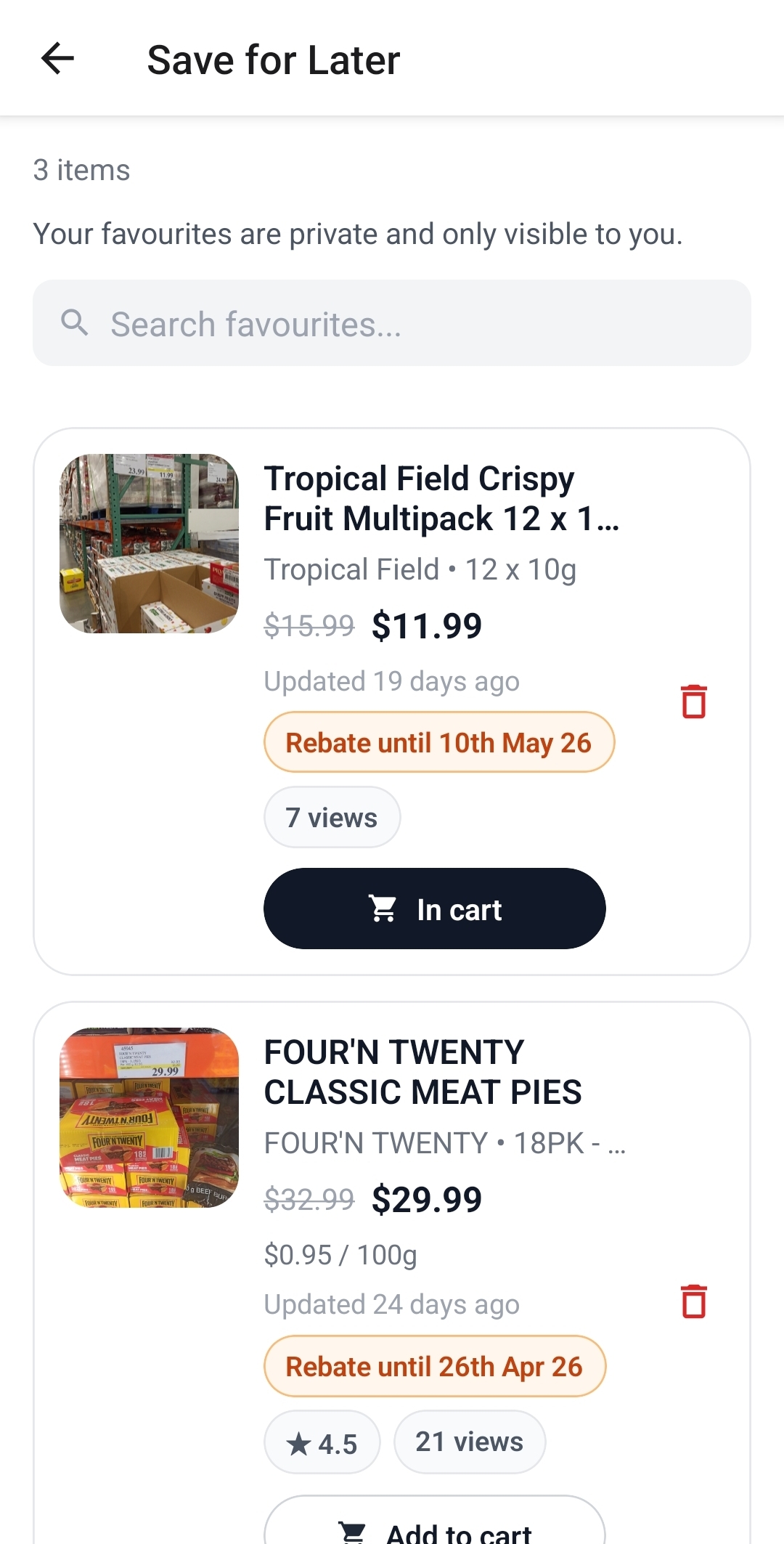 eolma mobile favourites screen showing saved items to revisit
