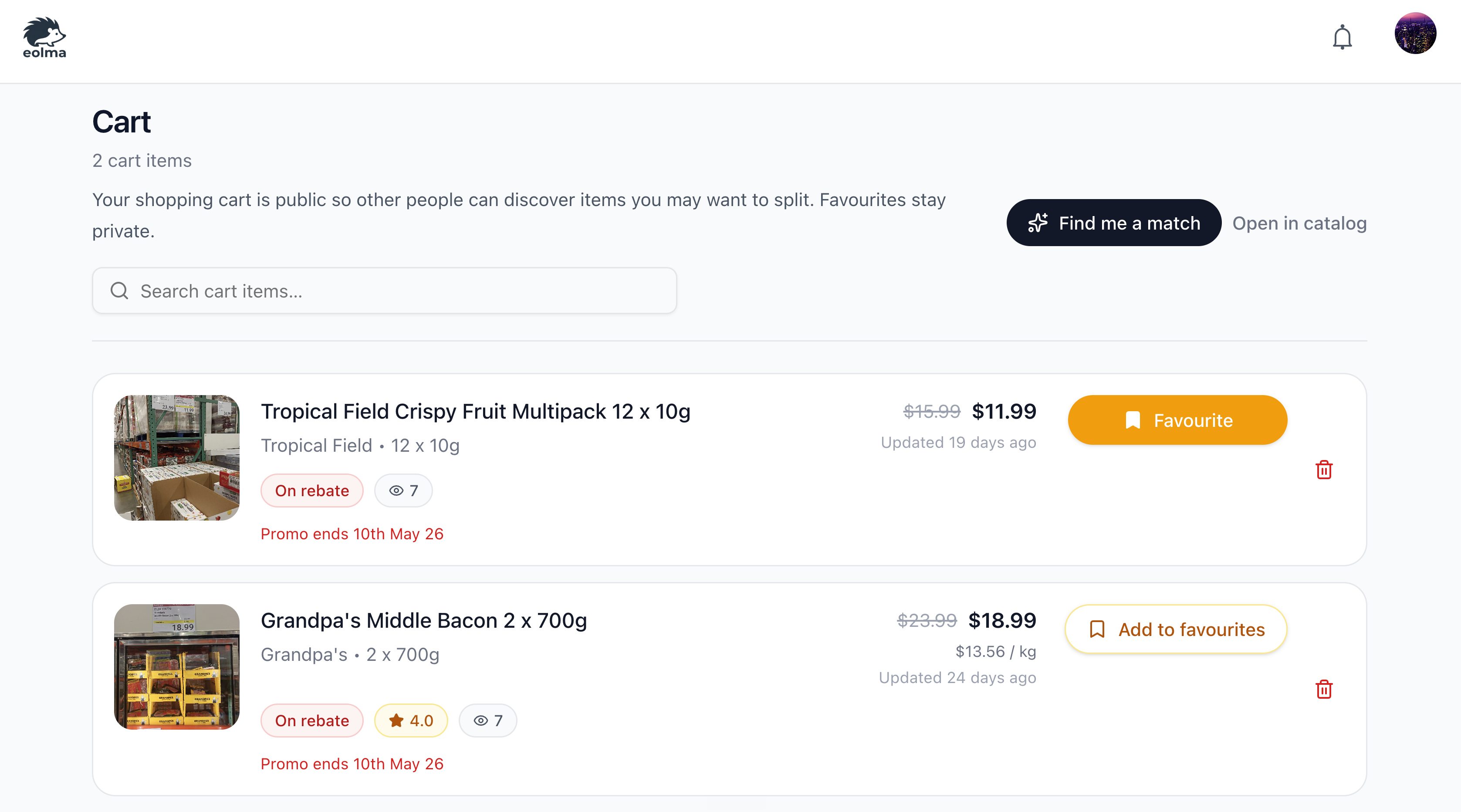 eolma web cart screen showing saved items for split planning