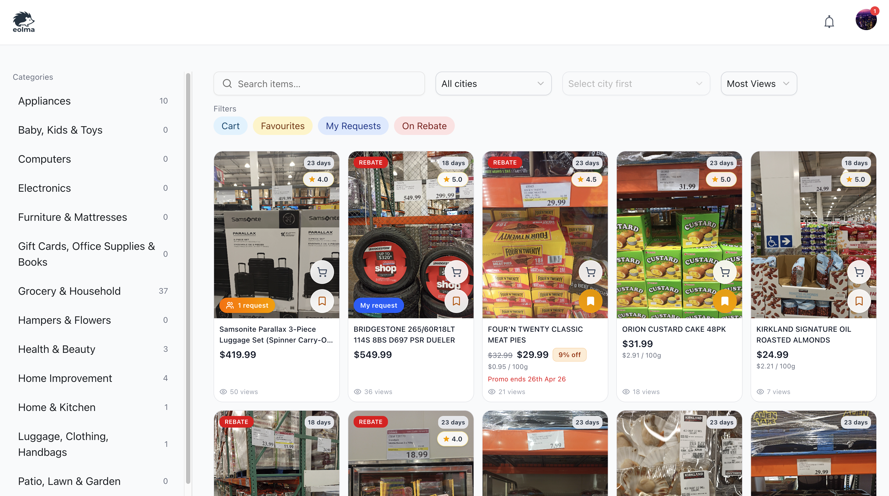eolma web catalog screen with category navigation, search, filters, and product cards