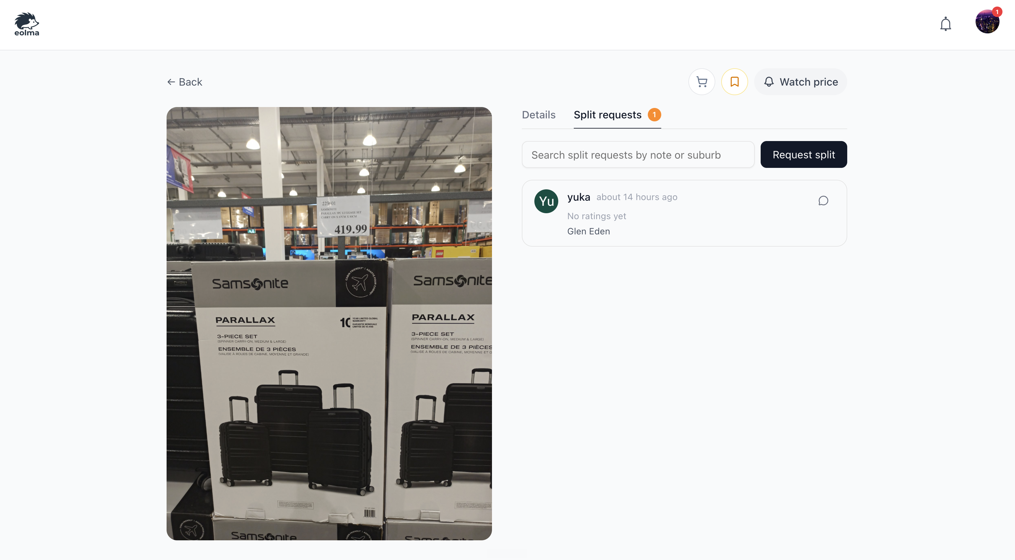 eolma web split request view with item photo, split request list, and request actions