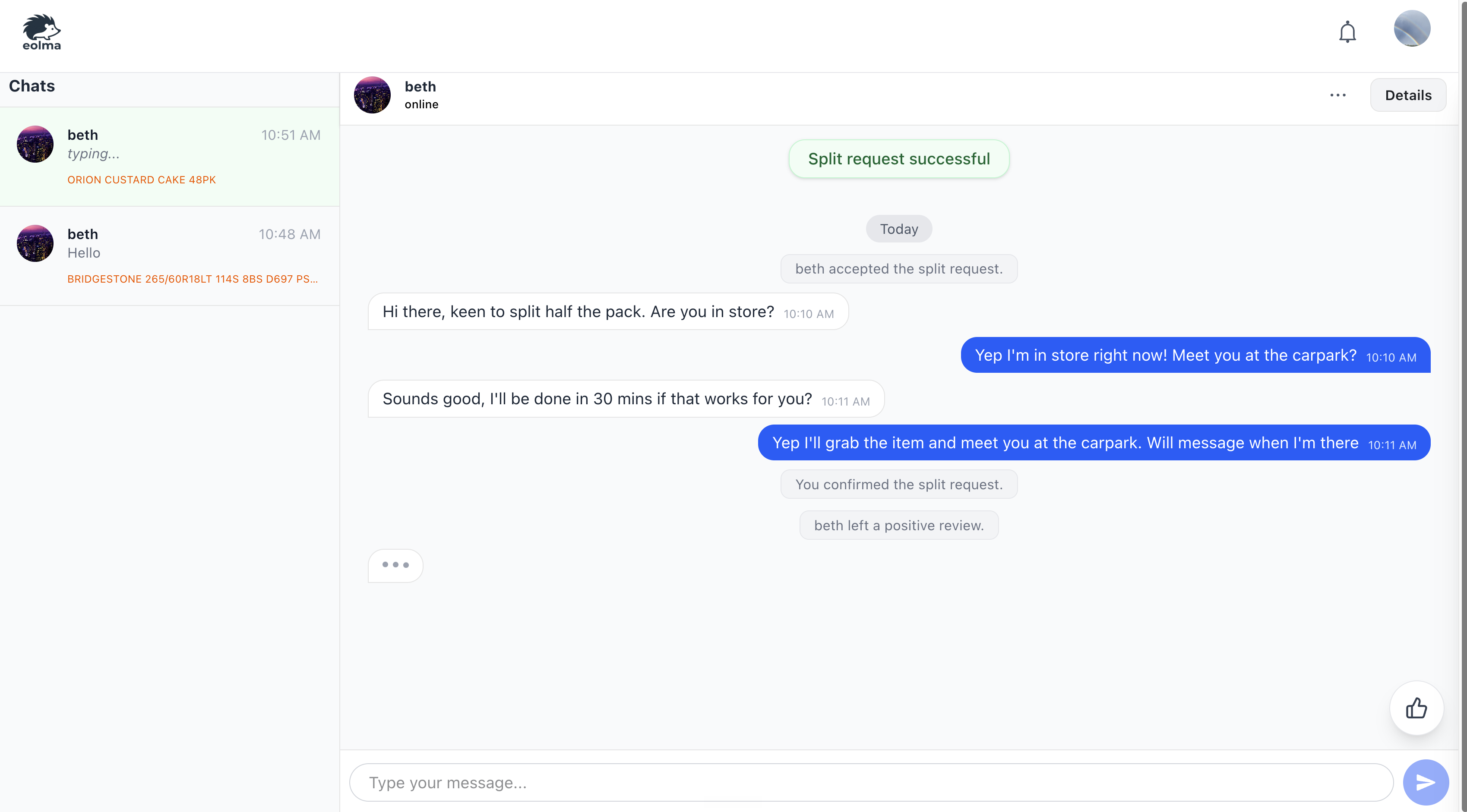 eolma web chat interface with accepted split status and message thread
