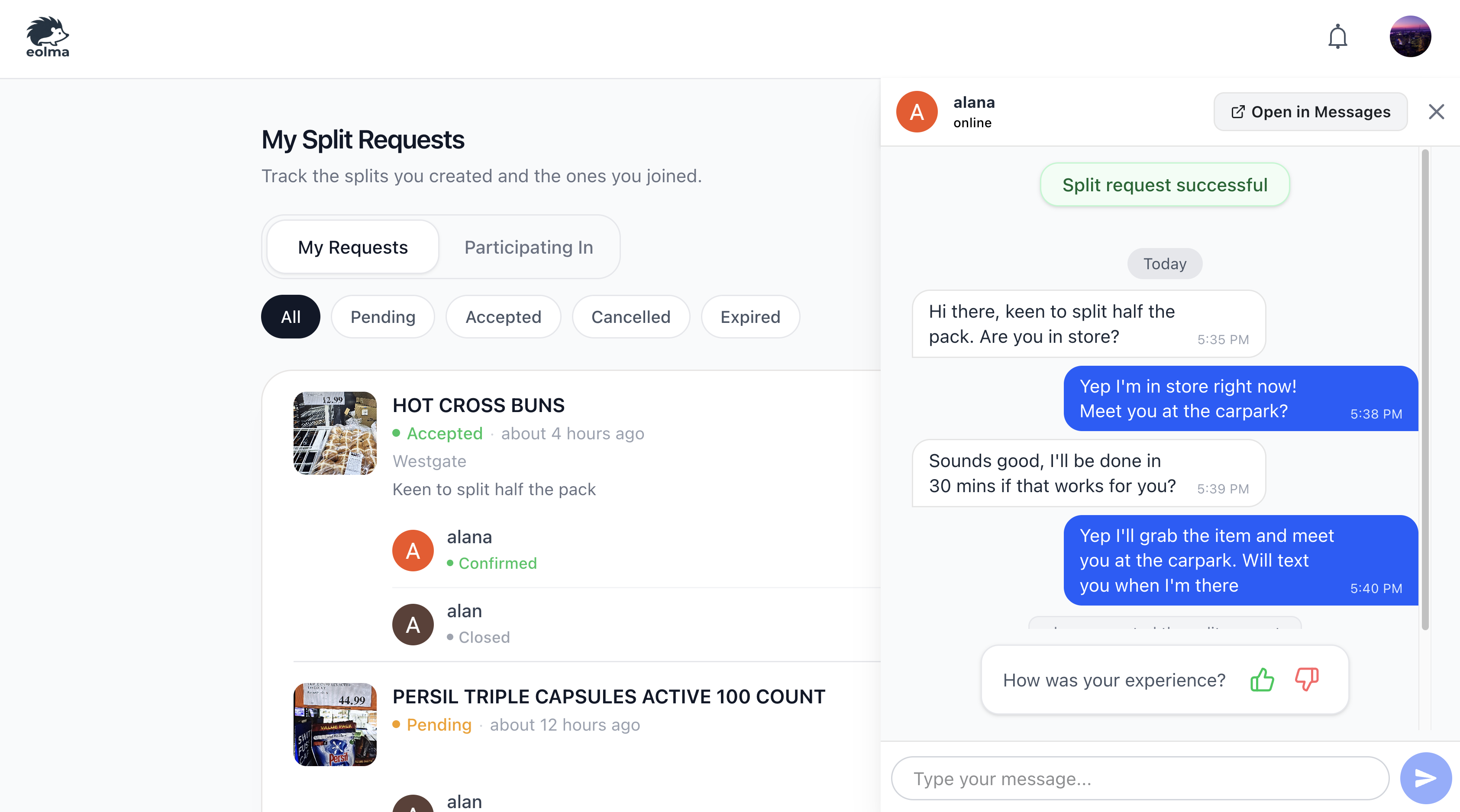 eolma web my split requests page with status filters and split progress